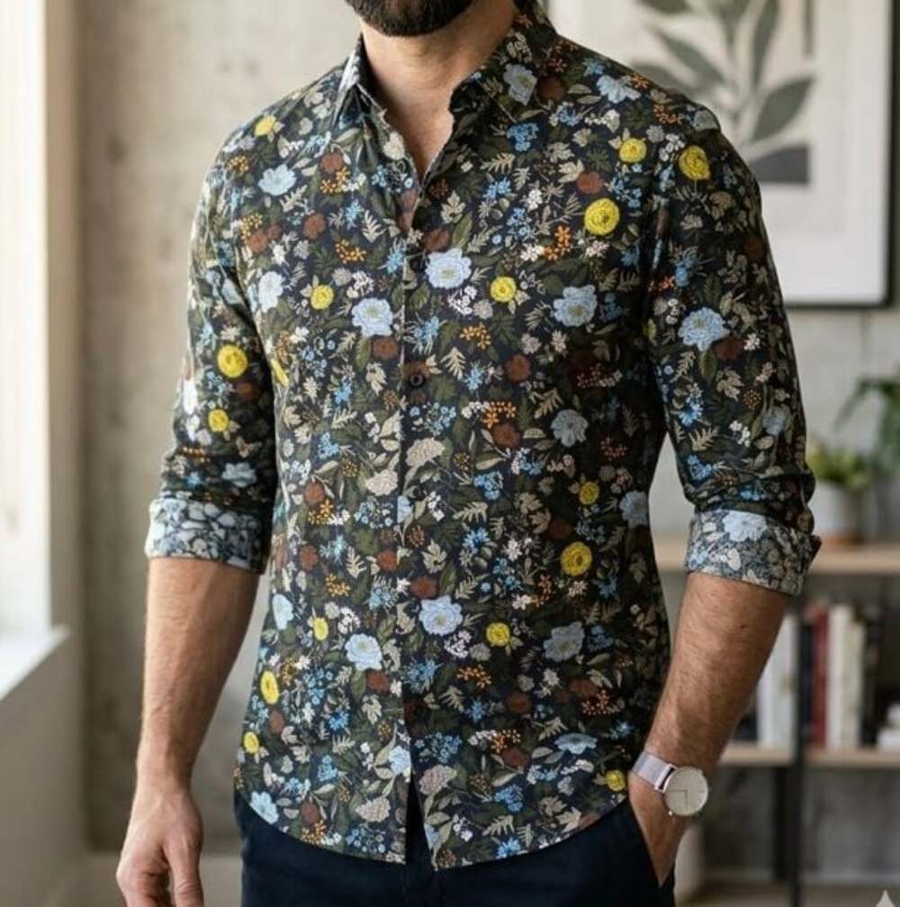 H&M Men's Slim Fit Navy Blue Floral Print Long Sleeve Button-Down Shirt Size M